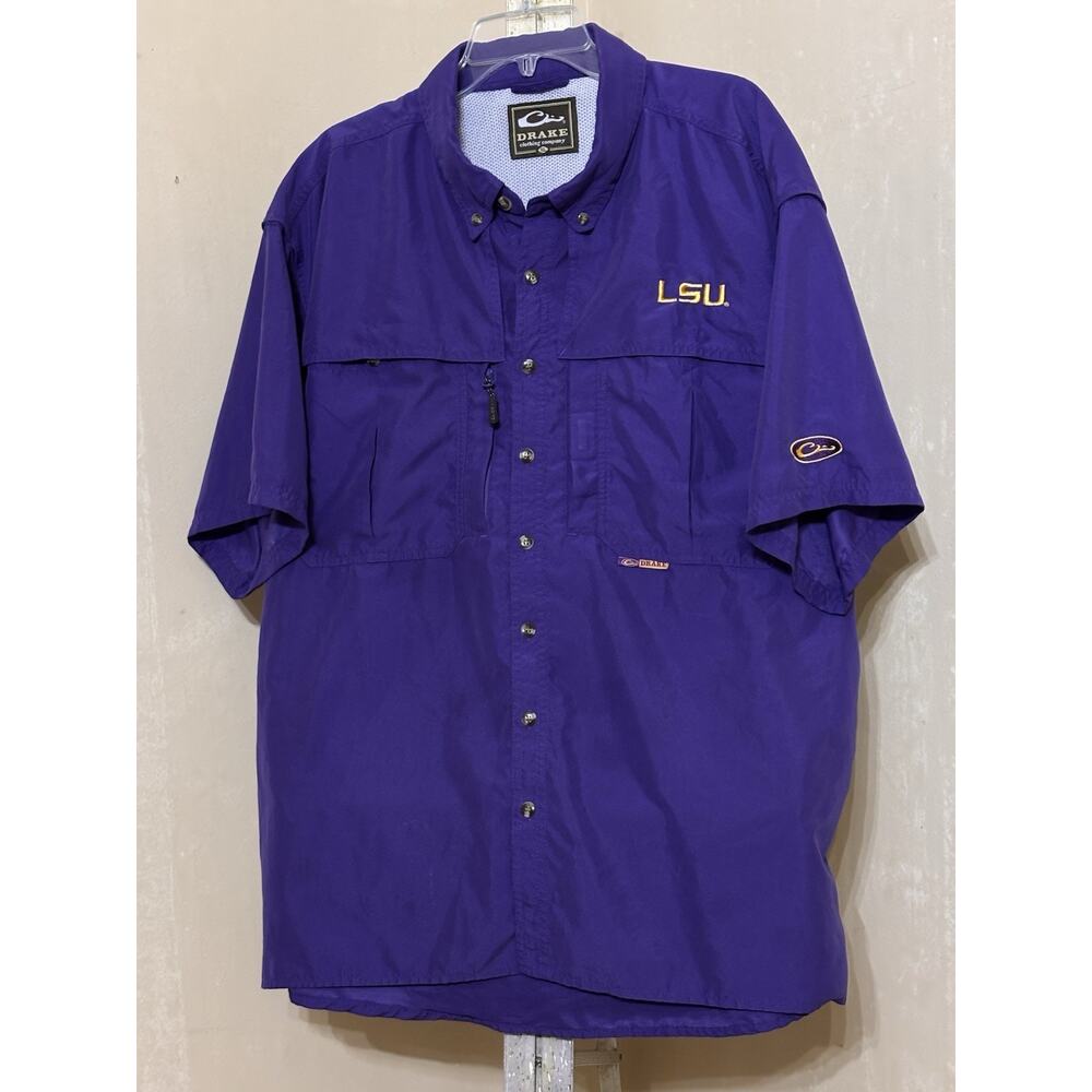 Drake Waterfowl Systems Vented Button Up Shirt Men's XL Purple LSU Short Sleeves